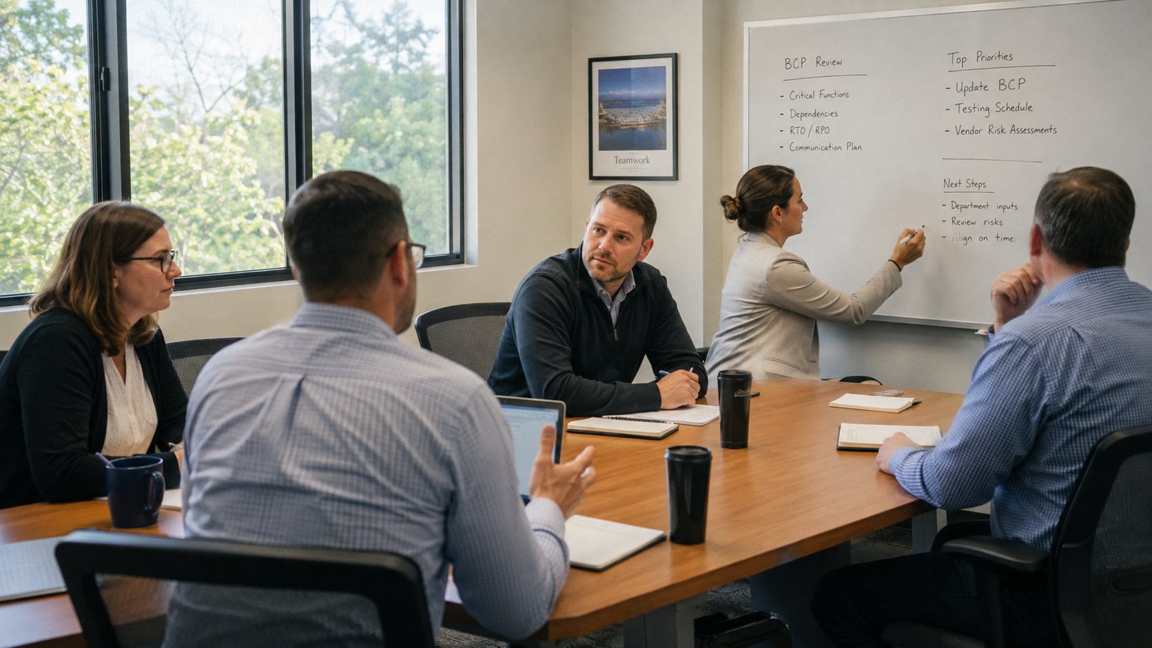 Leadership team meeting to review business continuity questions.