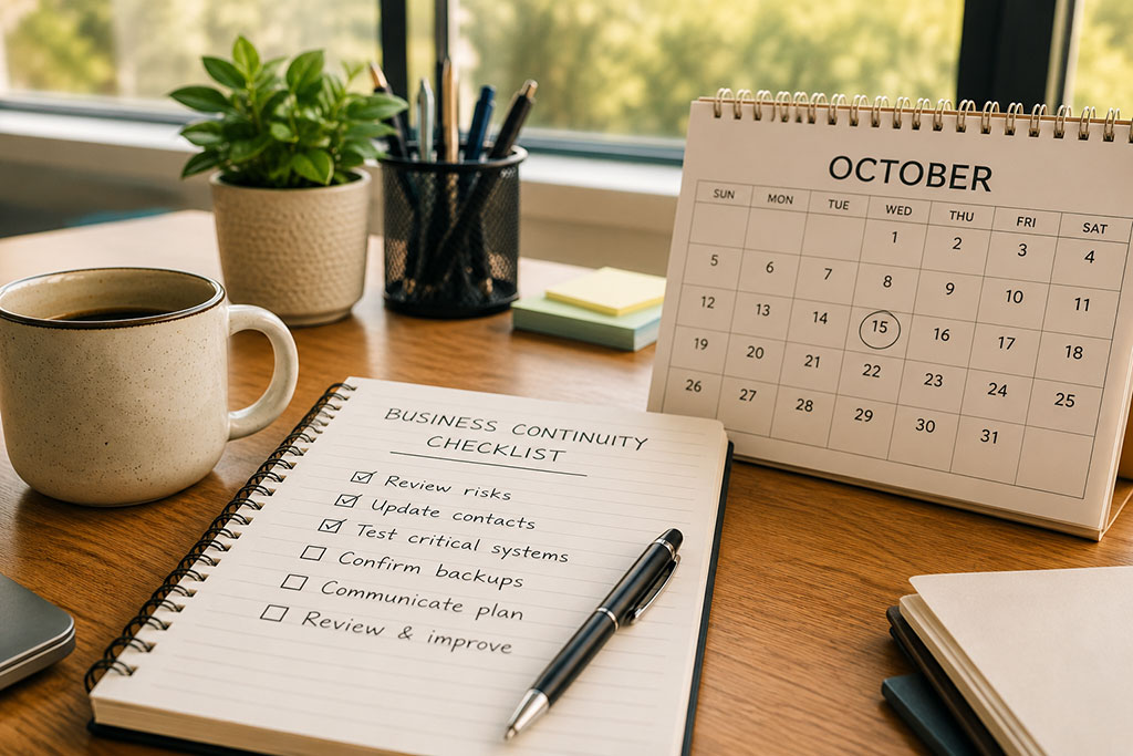 September checklist on a desk beside a calendar turned to Q4.
