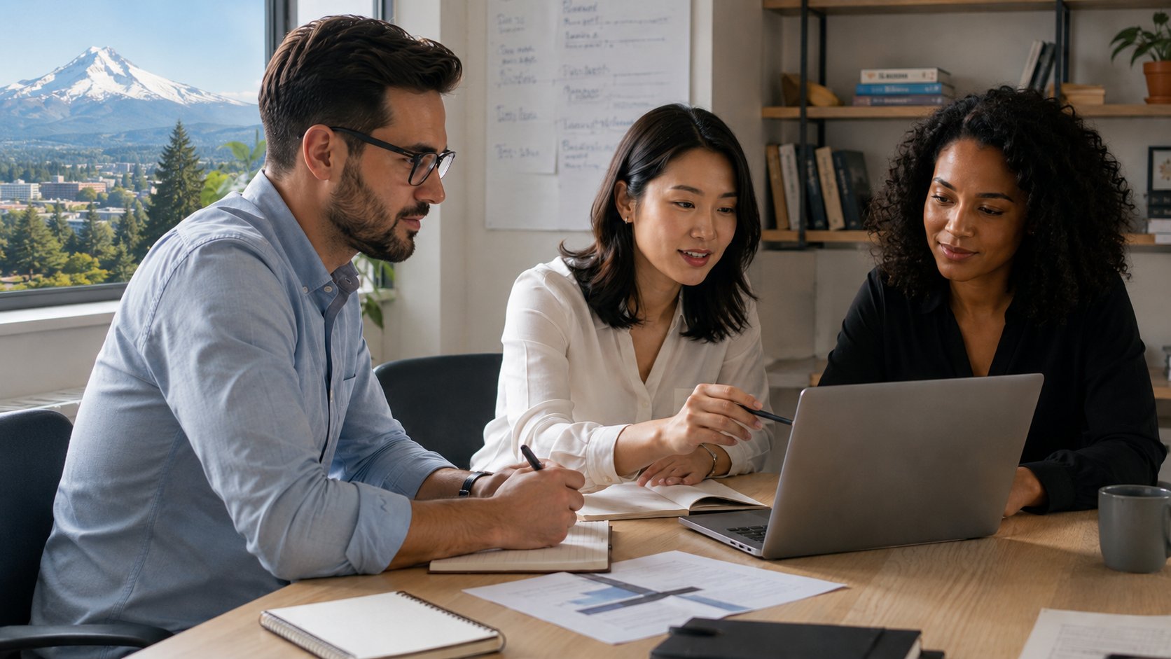 Small team working through a process together in an office.